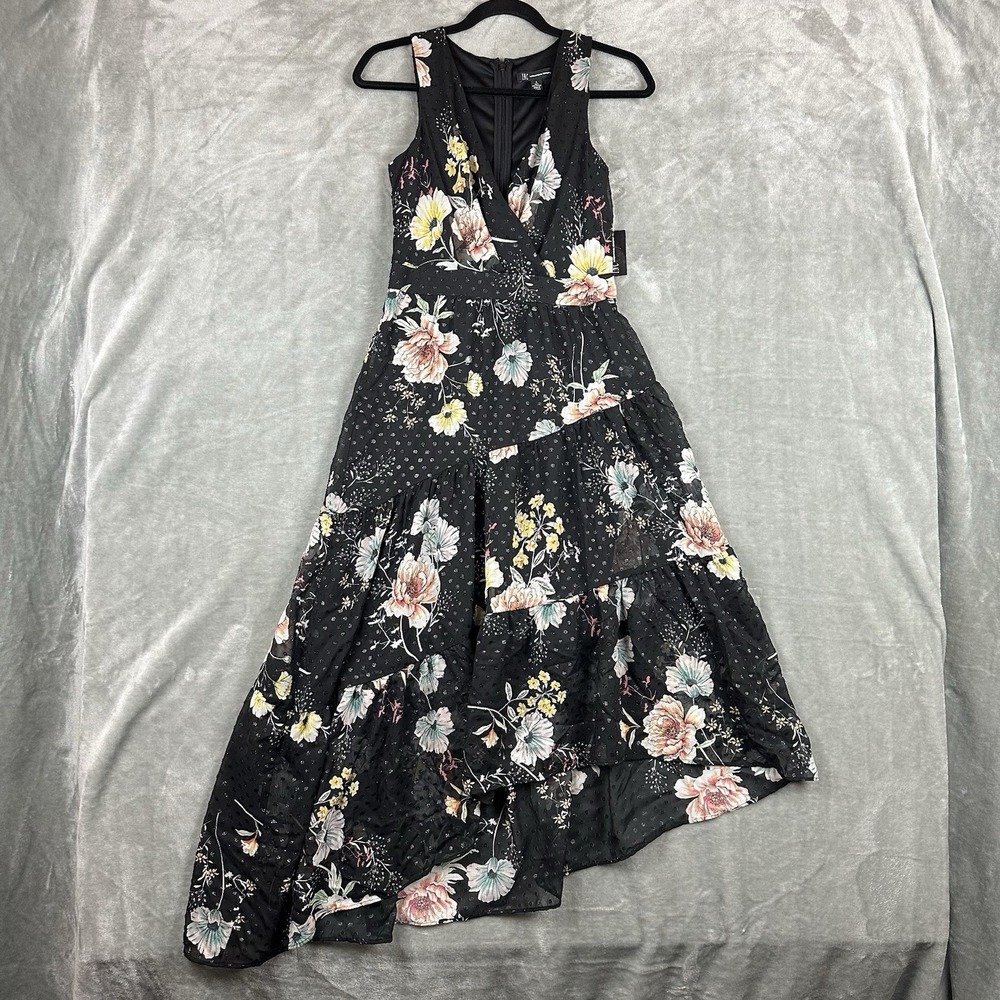 INC International Concepts Dress Women's 4 Black w/ Floral Hi Lo Hem NEW